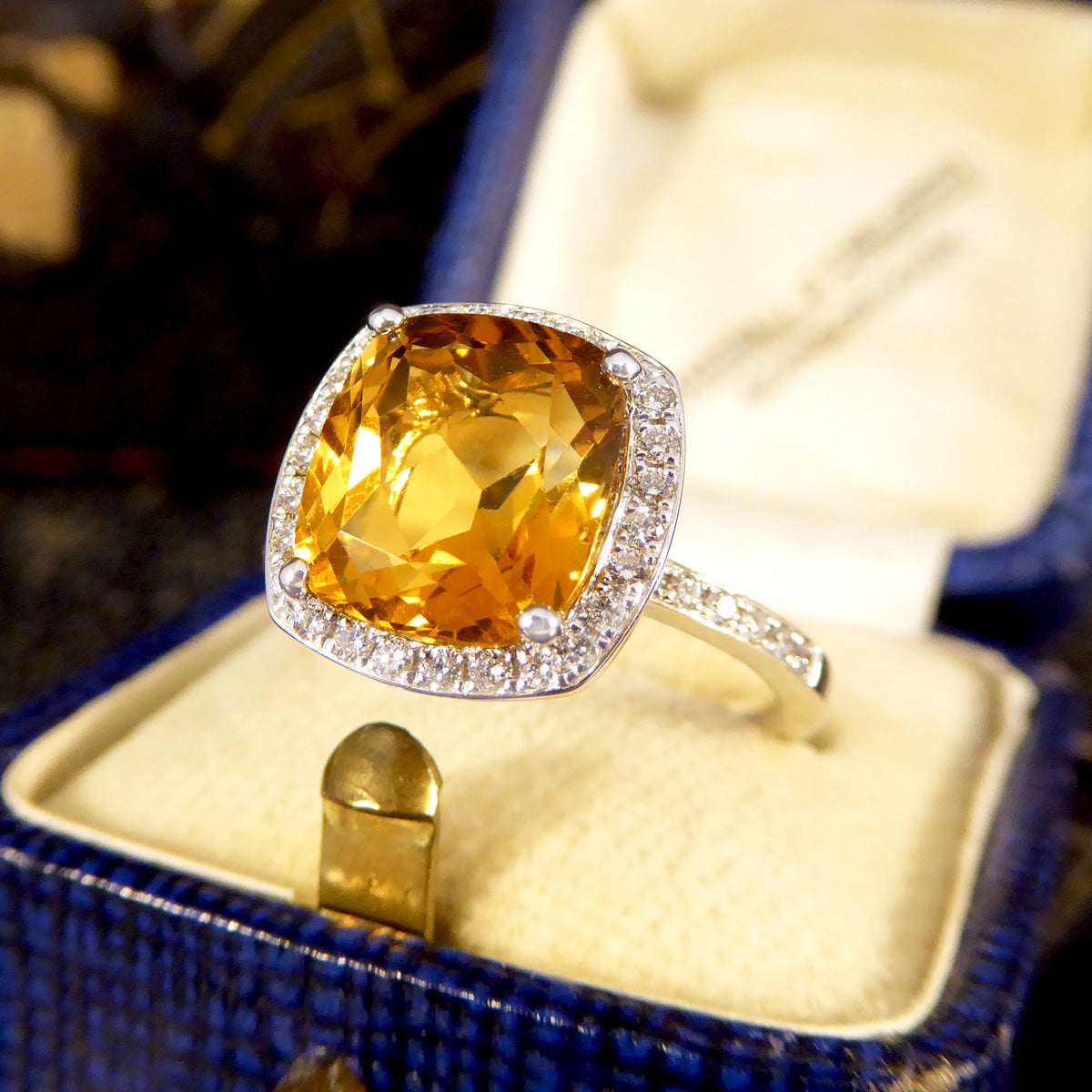 Firey 3.80ct Cushioned Citrene and Diamond Cluster Ring with Diamond Shoulders in 18ct White Gold - Wharfedale Antiques