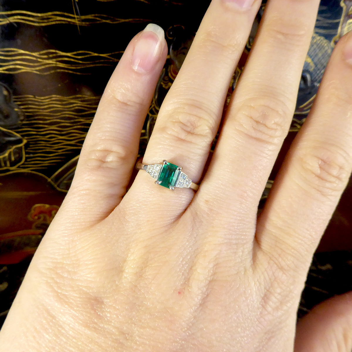Art Deco Replica Emerald and Diamond Staged Shoulder Ring in Platinum - Wharfedale Antiques