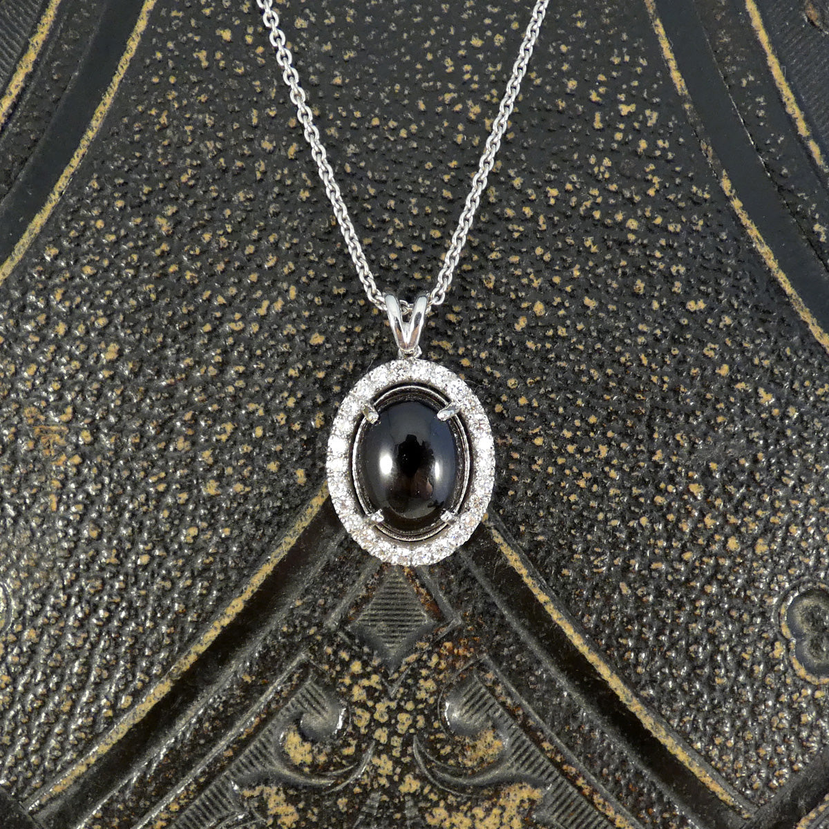 Cabochon Garnet and Diamond Halo Pendant Necklace in 18ct White Gold - Wharfedale Antiques
