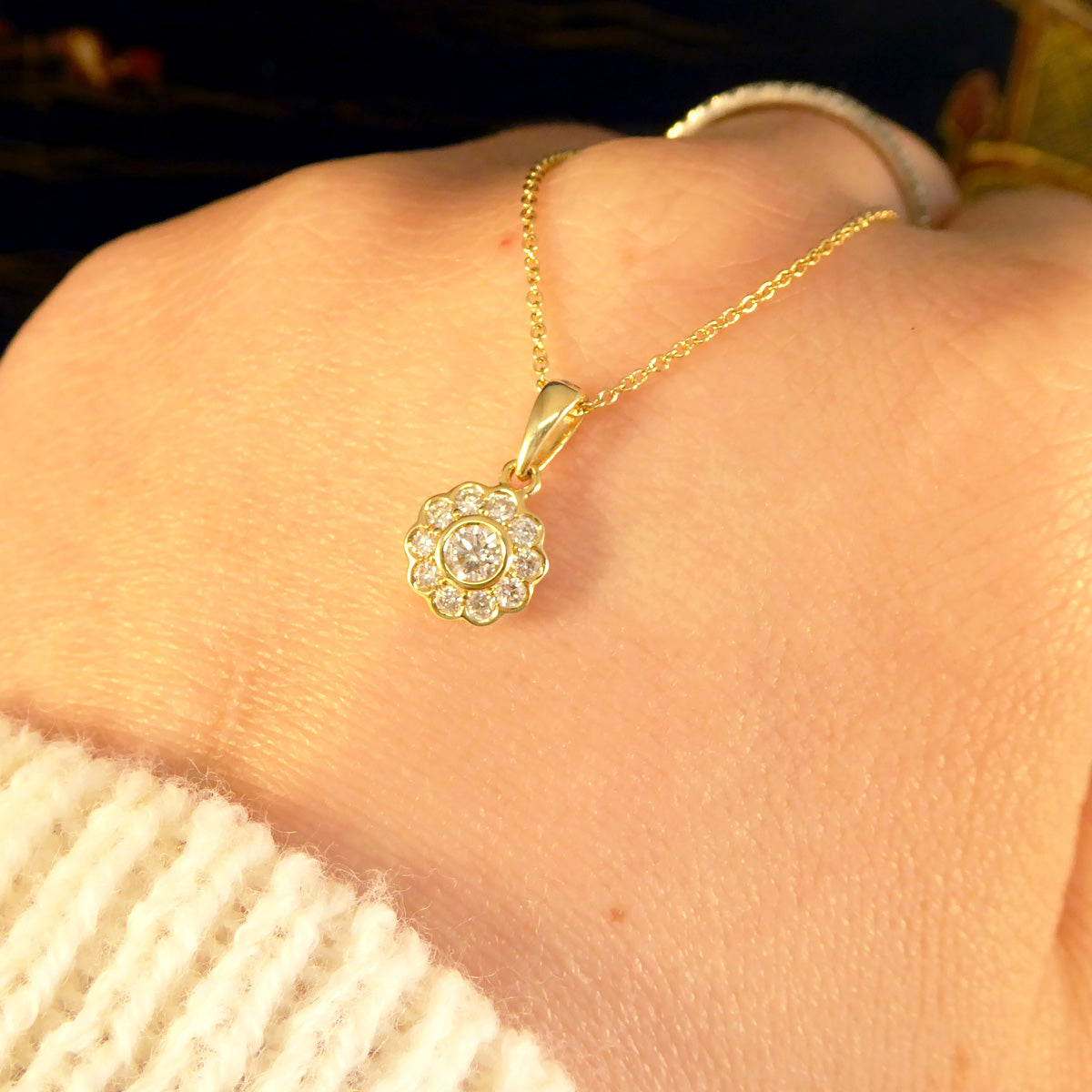 Diamond Flower Cluster Pendant Necklace in 18ct Yellow Gold - Wharfedale Antiques