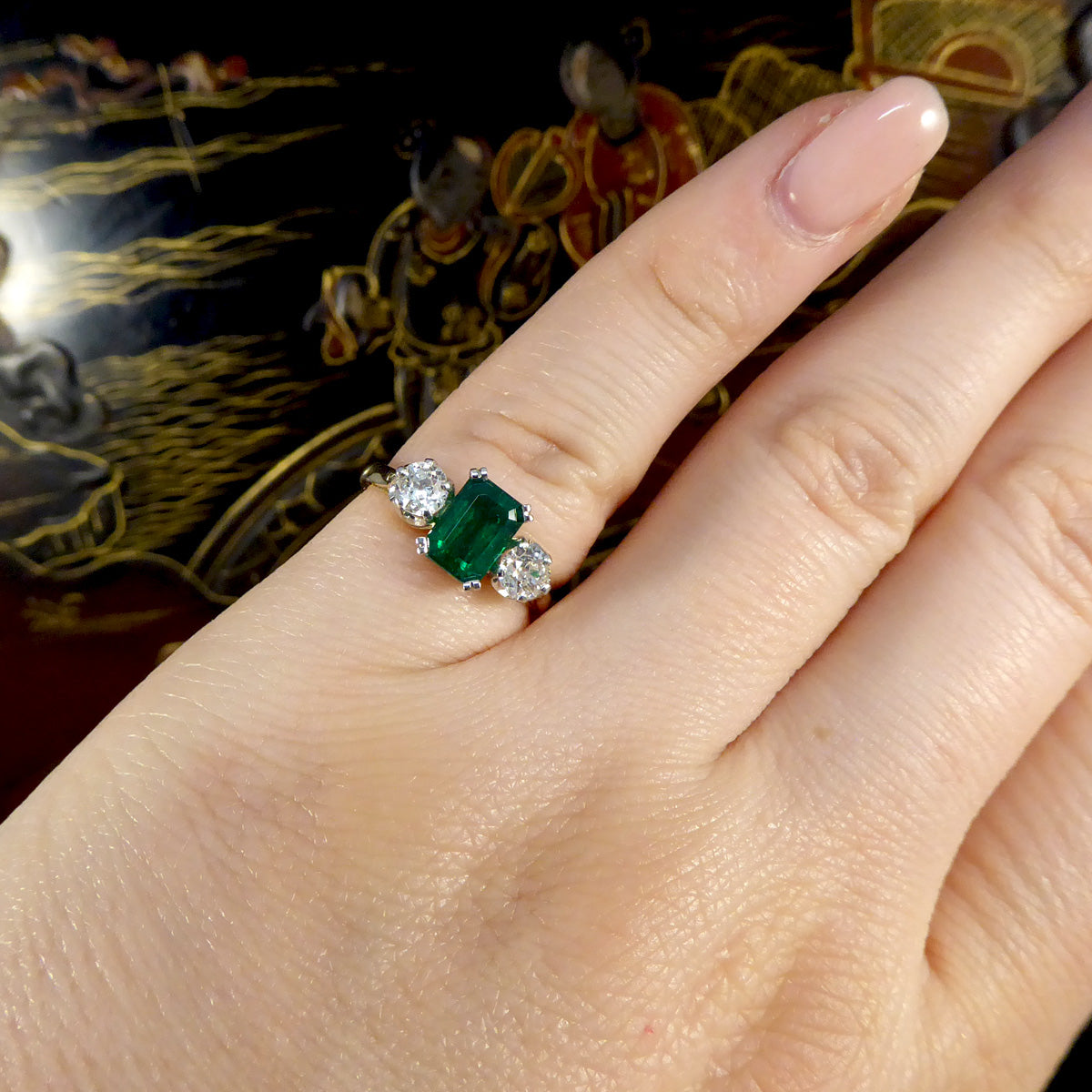 Edwardian Emerald and Diamond Trilogy Three Stone Ring in 18ct Yellow Gold and Platinum