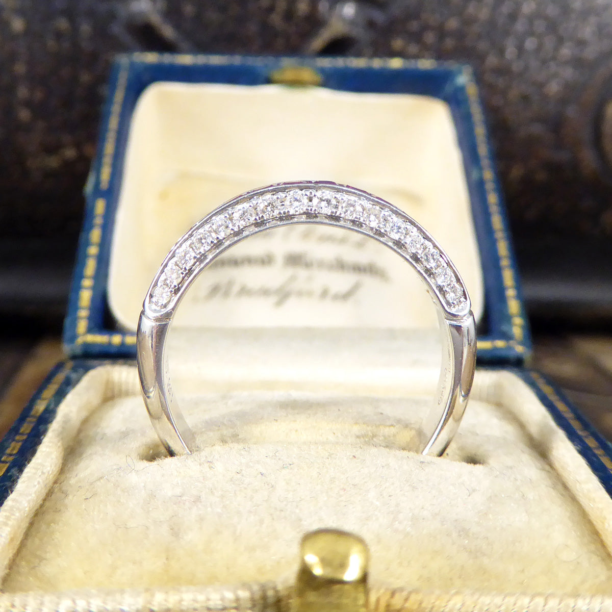 Ruby and Diamond Half Eternity Domed Ring in 18ct White Gold - Wharfedale Antiques