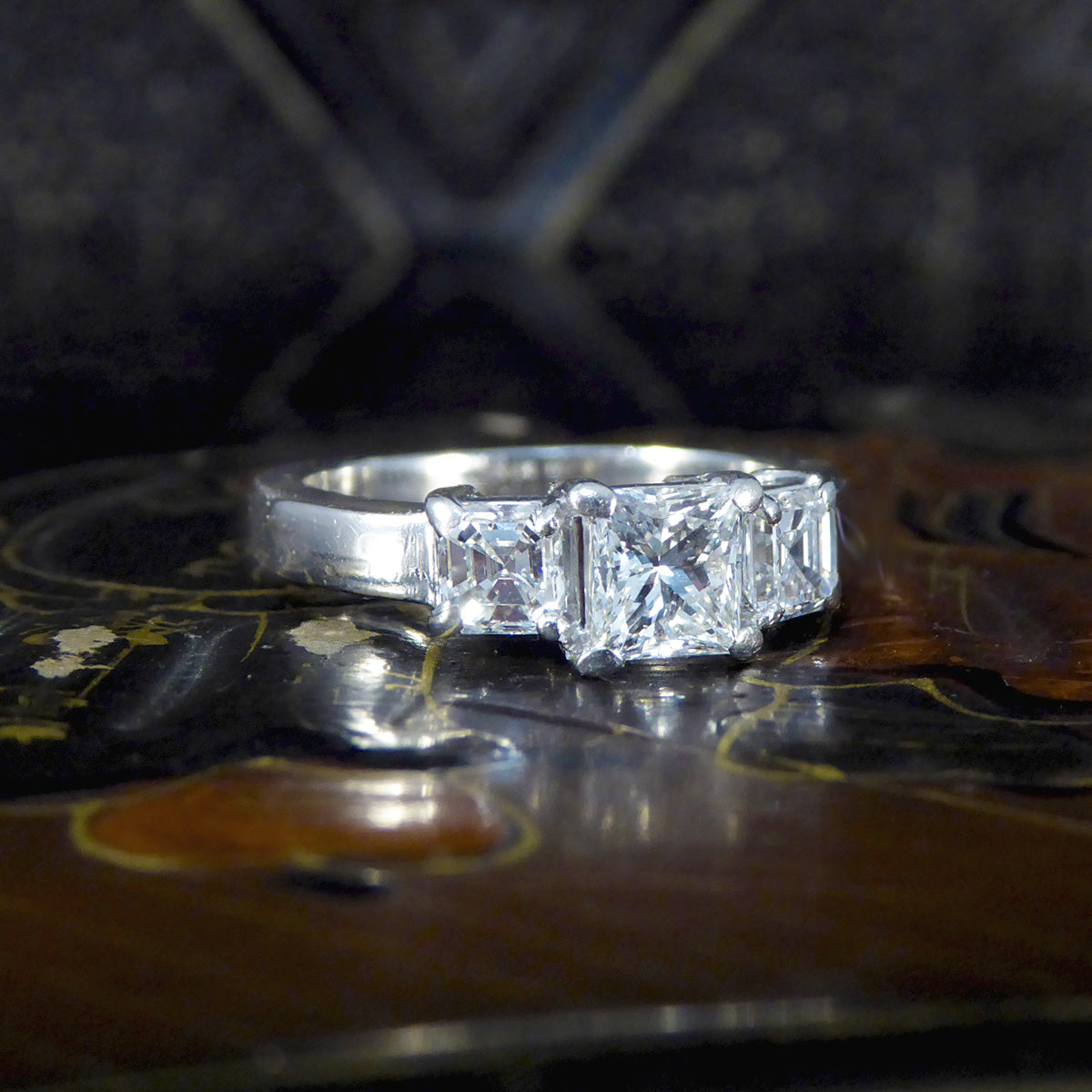 1.47ct Princess Cut and Asscher Cut Diamond Three Stone Ring in Platinum - Wharfedale Antiques