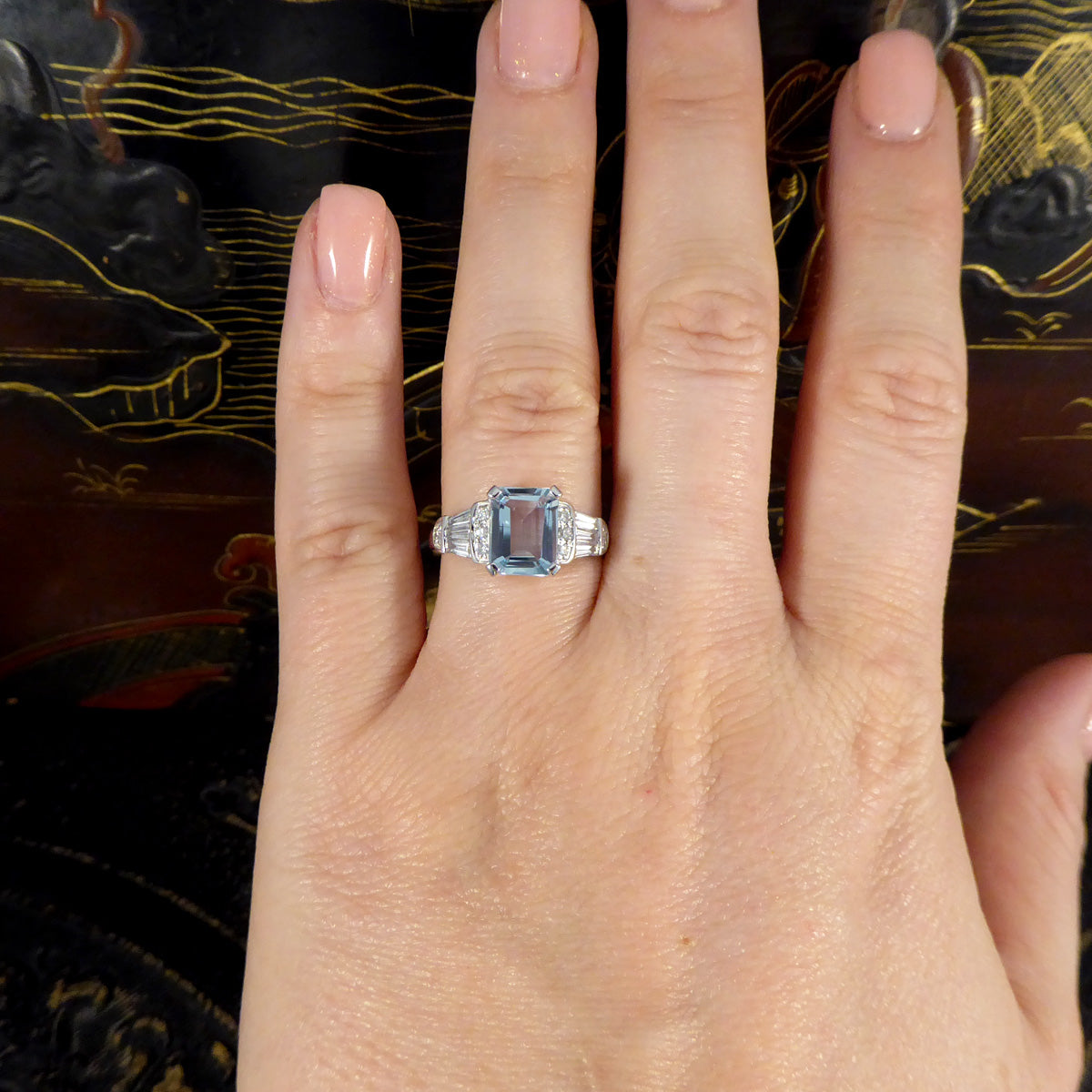 Modern 1.78ct Aquamarine and Diamond Staged Band Ring in Platinum - Wharfedale Antiques