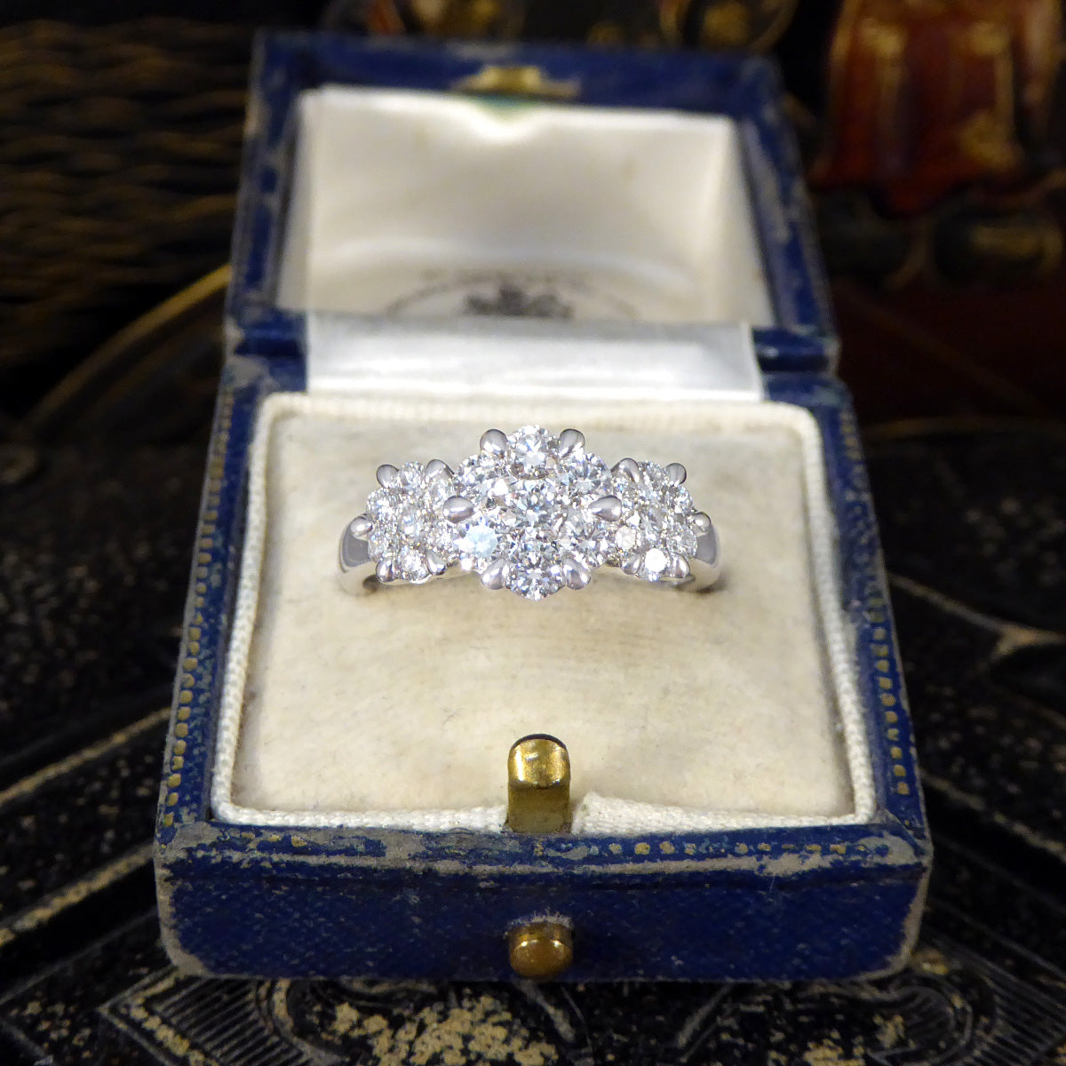 Diamond Triple Daisy Cluster Illusion Three Stone Ring in Platinum