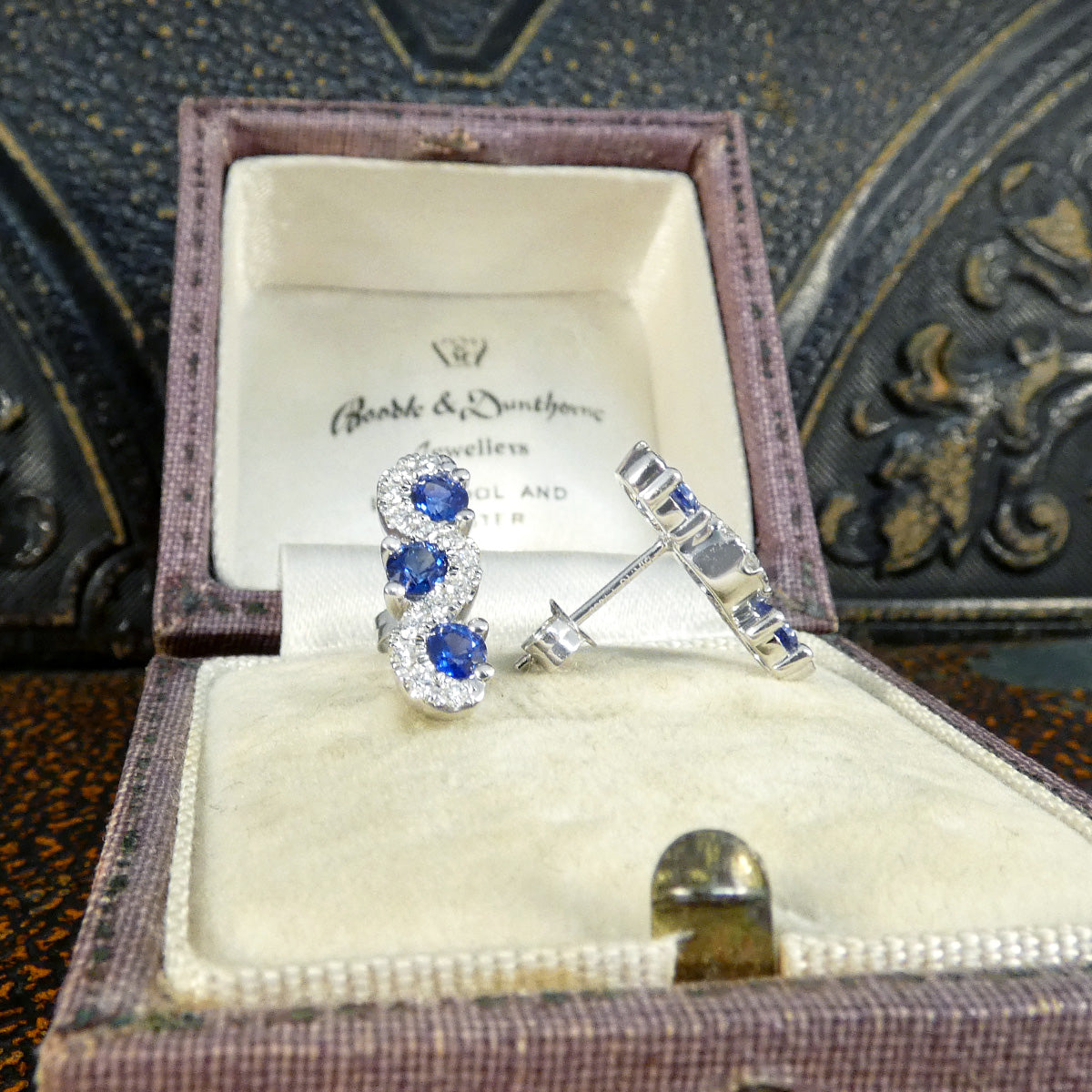 Ceylon Sapphire and Diamond Three Stone Lazy River Earrings in Platinum - Wharfedale Antiques