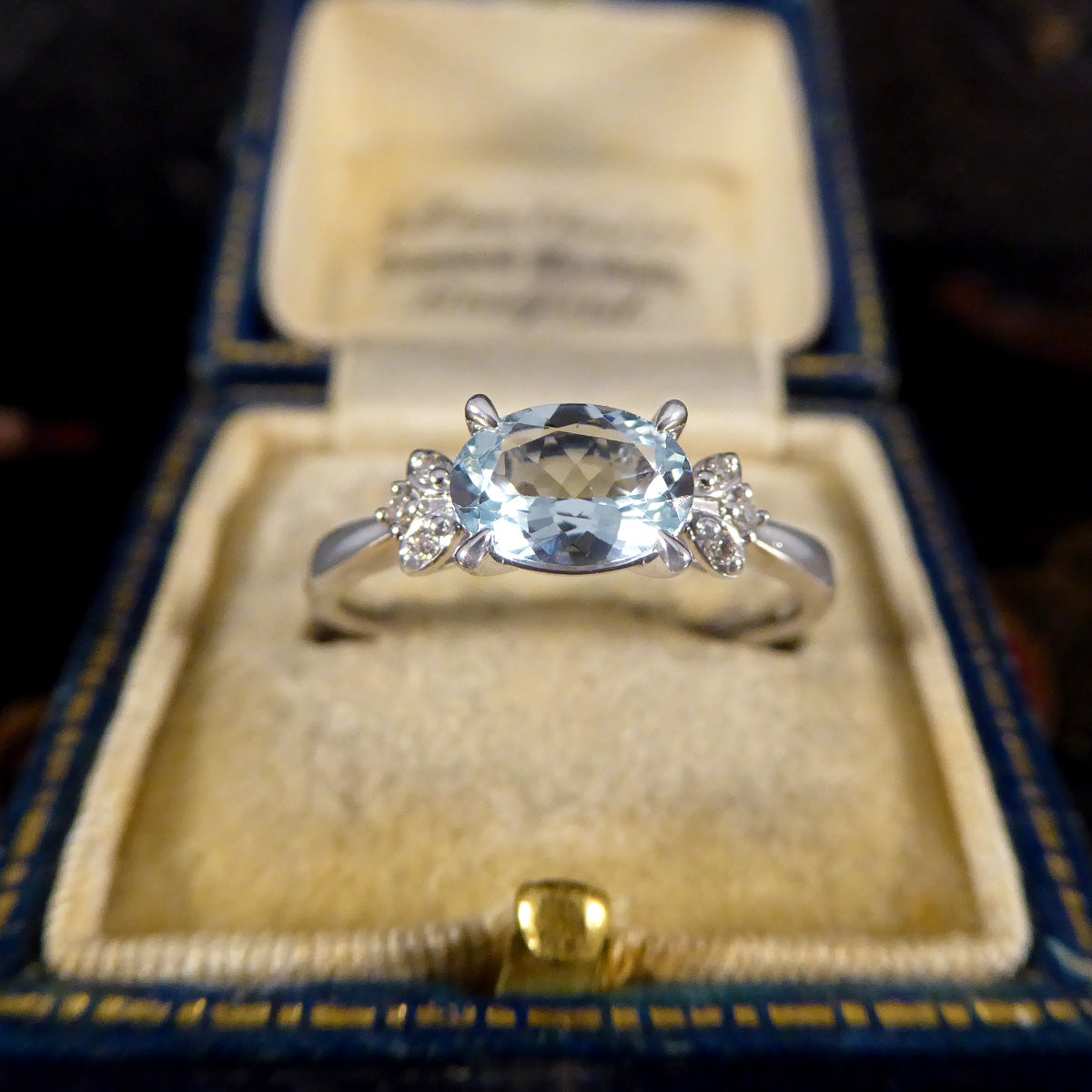 Dainty Aquamarine Ring with Diamond Set Shoulders in White Gold - Wharfedale Antiques