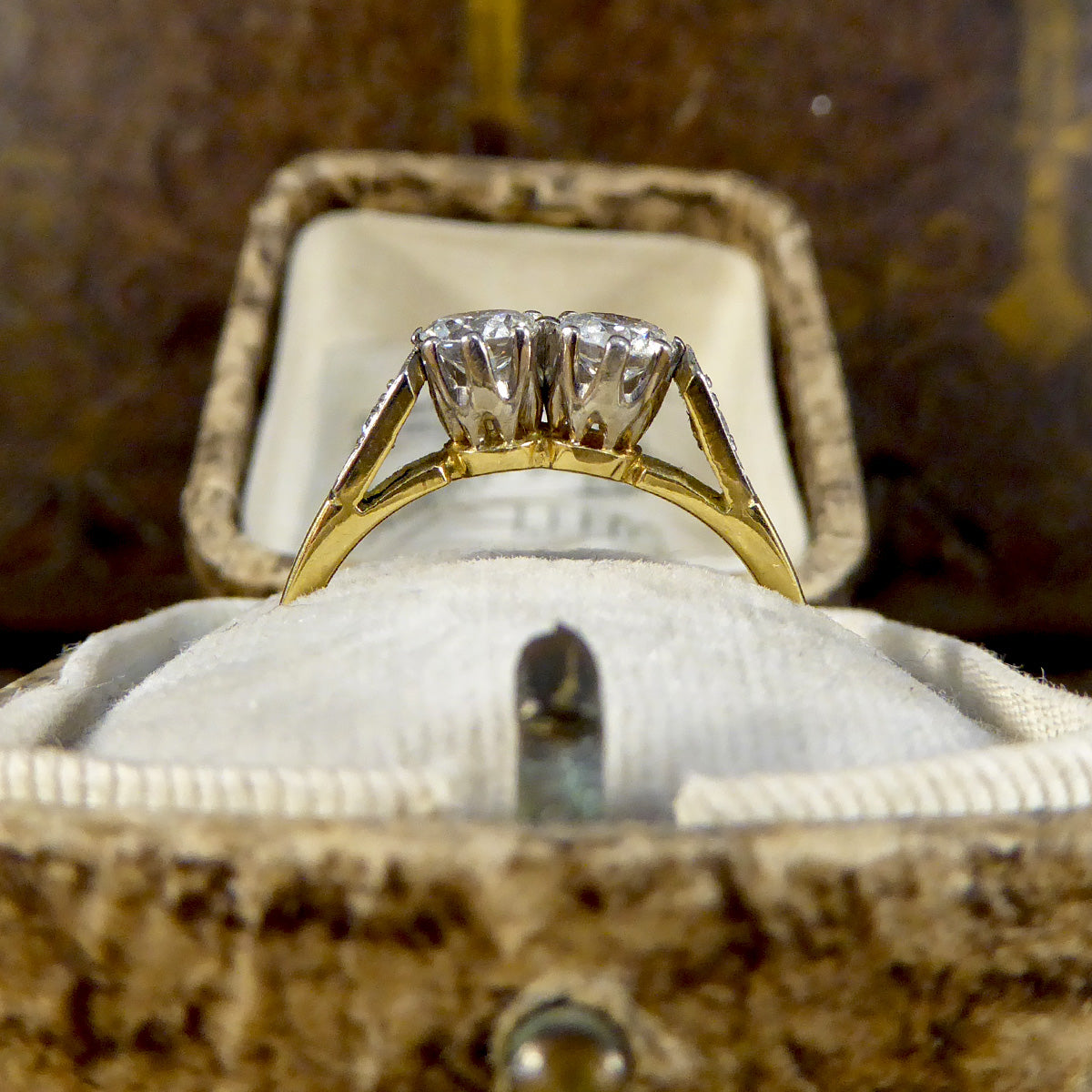 Vintage and Unusual Old Cut Diamond Two Stone Ring in 18ct Gold - Wharfedale Antiques