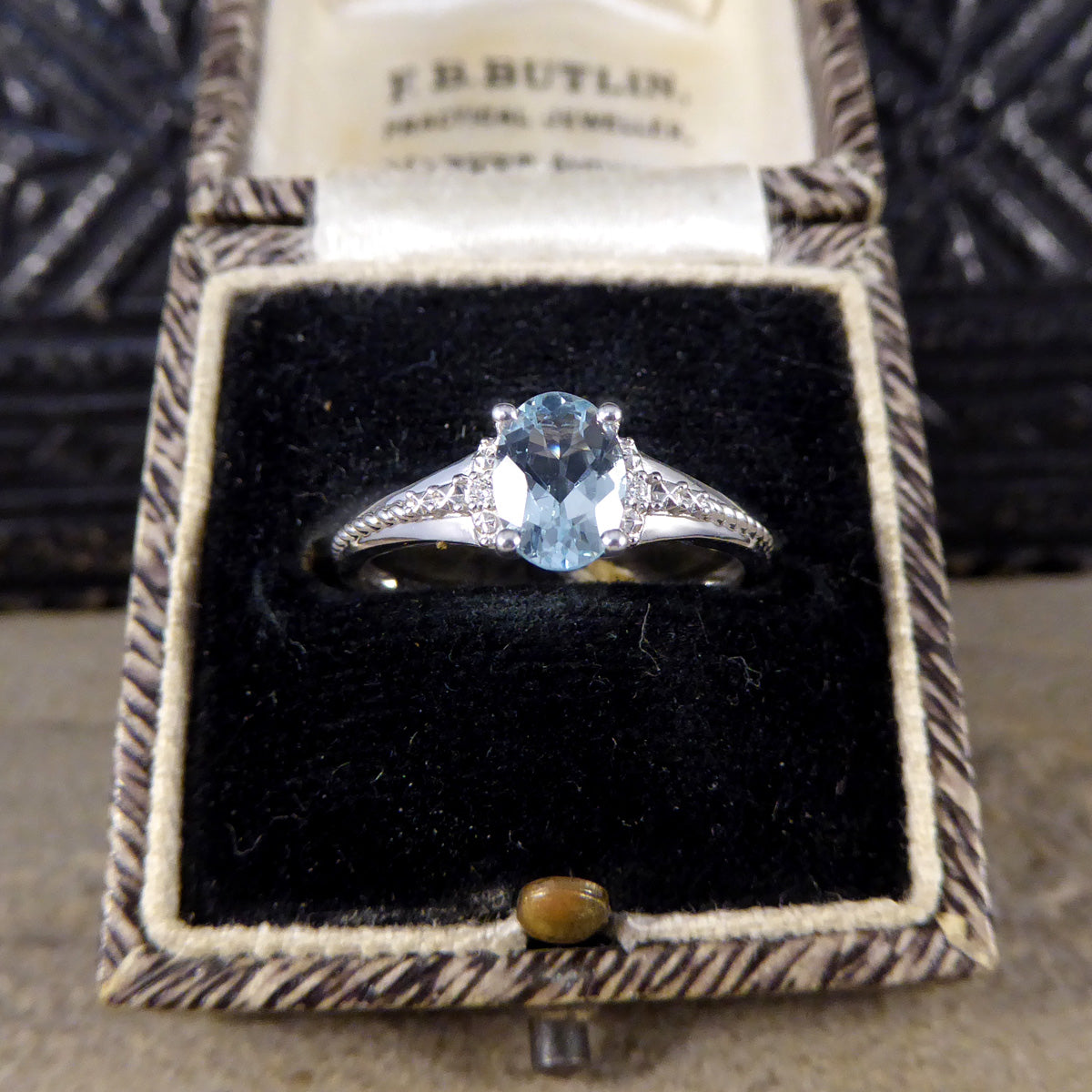 Solitaire Aquamarine and Diamond Illusion Set Ring in White Gold - Wharfedale Antiques