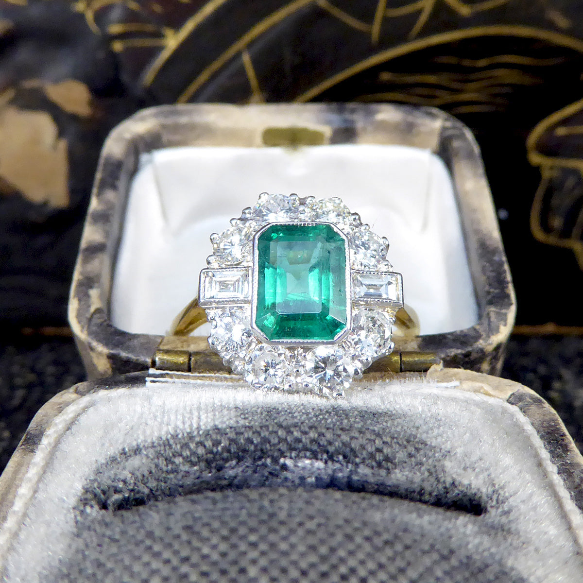 Edwardian Style 1.30ct Emerald and 1.20ct Diamond Cluster Ring in 18ct Gold - Wharfedale Antiques