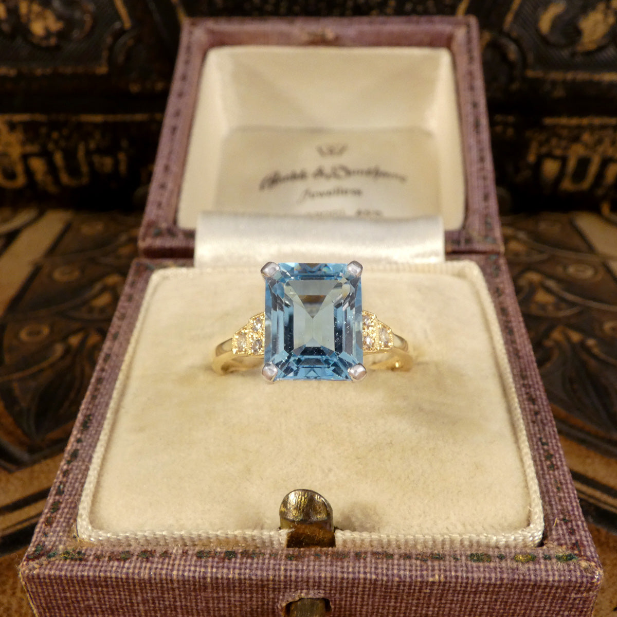 Art Deco Inspired 4.19ct Blue Topaz and Diamond Ring in White and Yellow Gold - Wharfedale Antiques