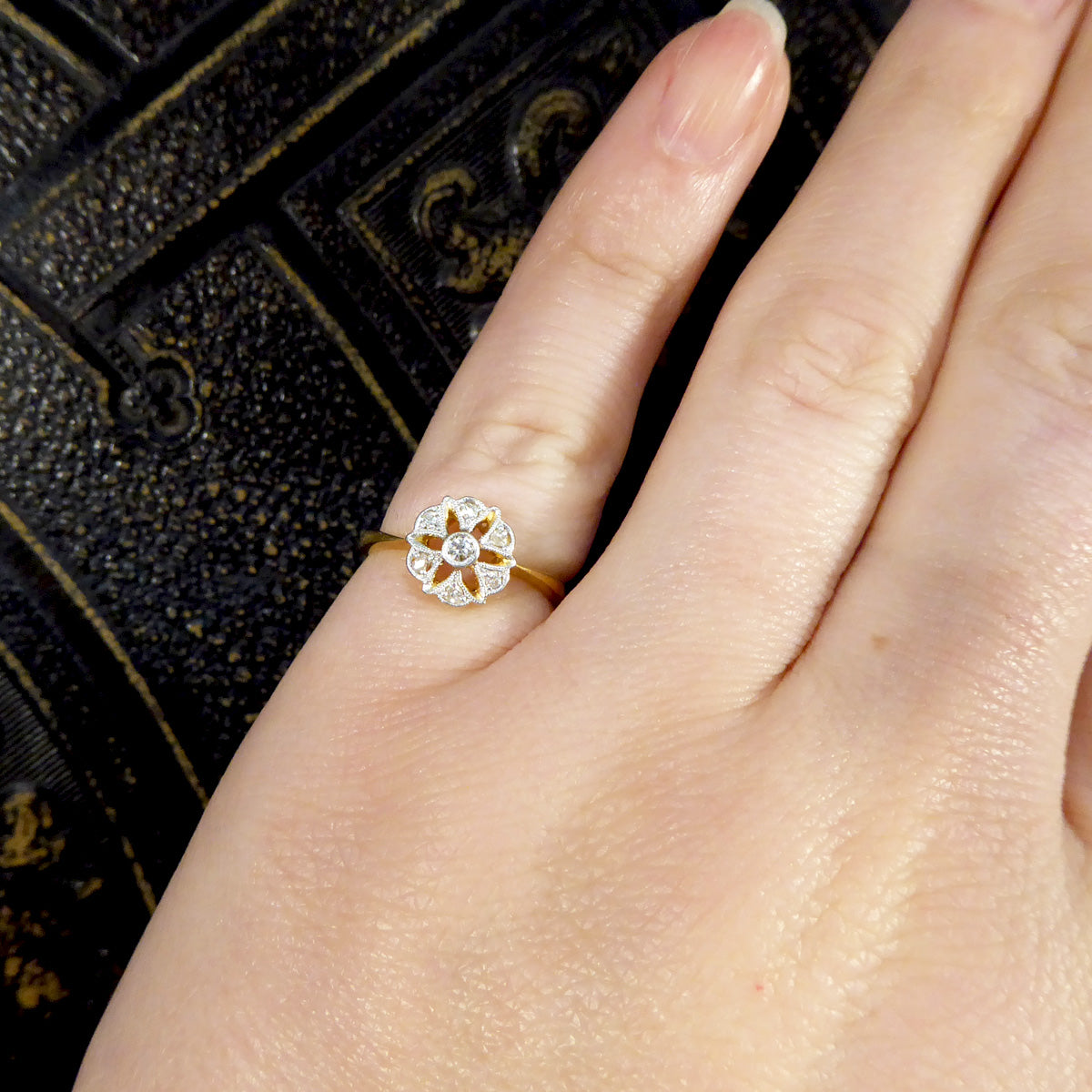 Edwardian Diamond Set Floral Ring in 18ct Yellow Gold and Platinum - Wharfedale Antiques