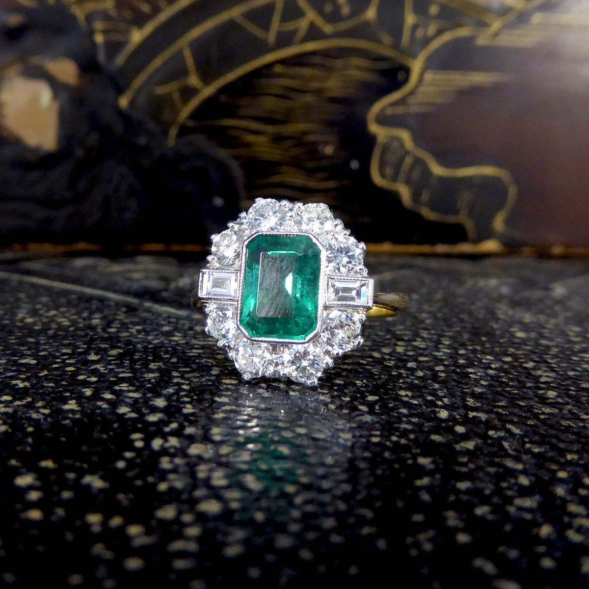 Edwardian Style 1.30ct Emerald and 1.20ct Diamond Cluster Ring in 18ct Gold - Wharfedale Antiques