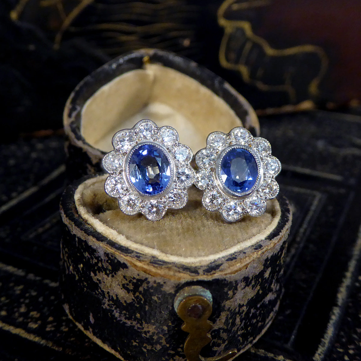 Edwardian Inspired Sapphire and Diamond Cluster Earrings in 18ct Gold - Wharfedale Antiques