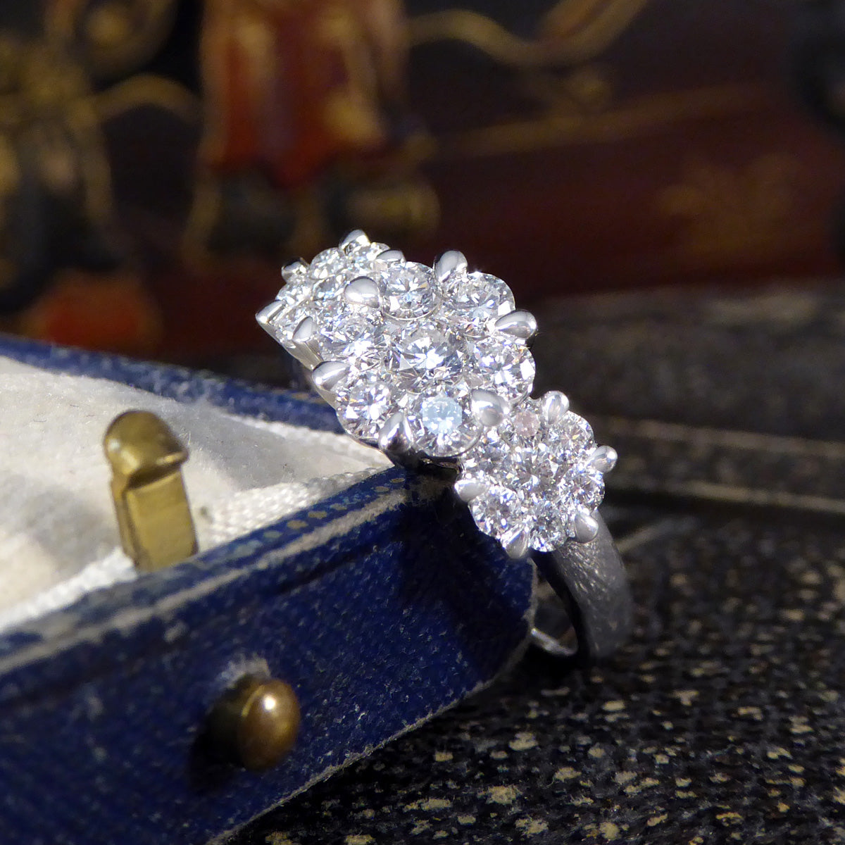 Diamond Triple Daisy Cluster Illusion Three Stone Ring in Platinum