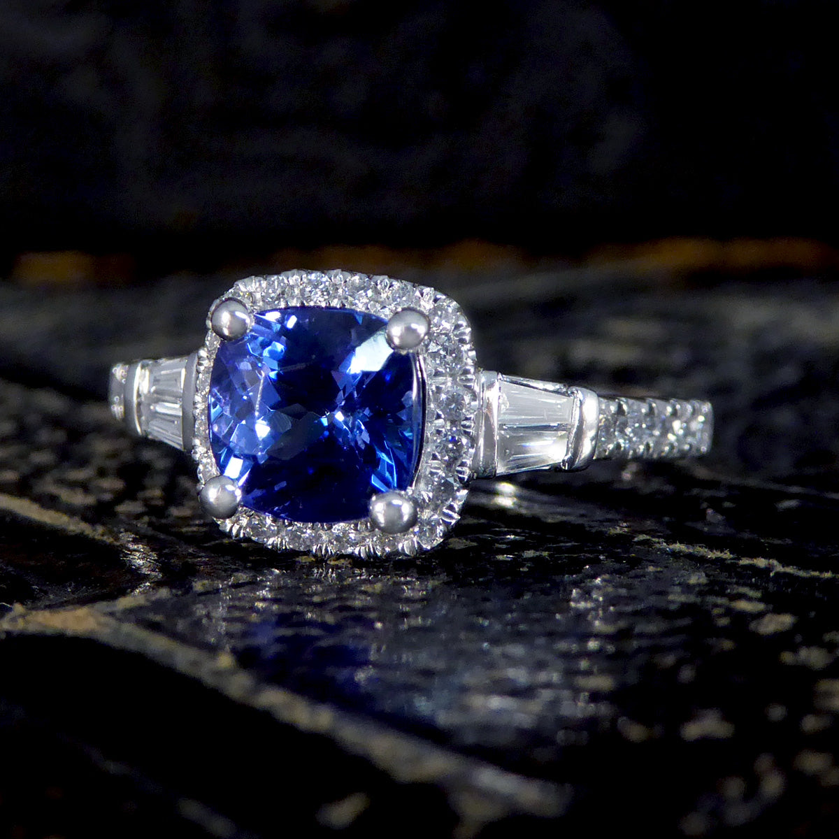 Cushion Cut Tanzanite and Diamond Cluster Ring with Tapered Baguette Shoulders in Platinum - Wharfedale Antiques