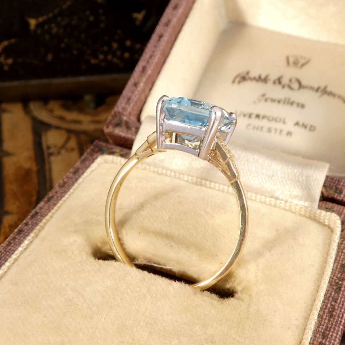 Art Deco Inspired 4.19ct Blue Topaz and Diamond Ring in White and Yellow Gold - Wharfedale Antiques