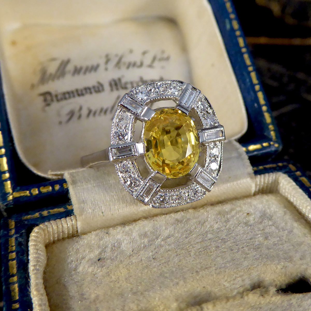 Art Deco Inspired Yellow Sapphire and Diamond Sunshine Cluster Ring in Platinum - Wharfedale Antiques