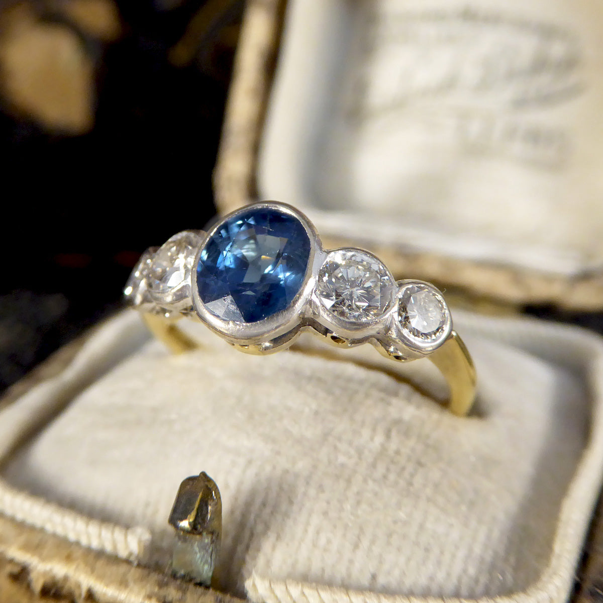 Edwardian Sapphire and Diamond Bezel Set Five Stone Ring in 18ct White and Yellow Gold