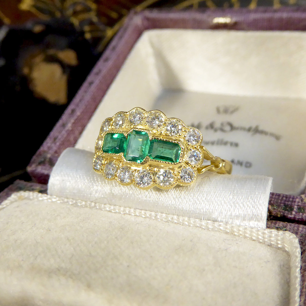 Antique Style Emerald and Diamond Boat Ring in 18ct Yellow Gold - Wharfedale Antiques