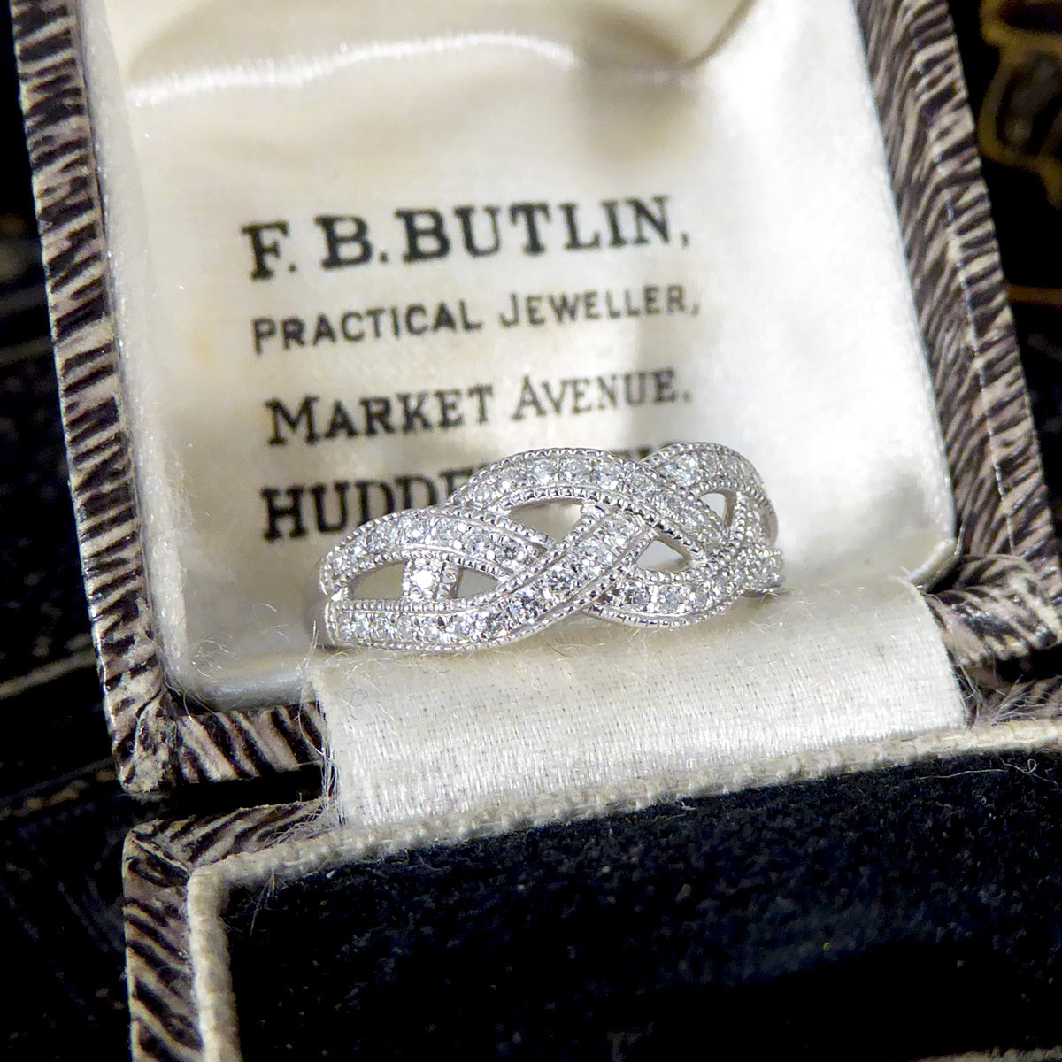 Diamond Set Milgrain Plait Half Eternity Ring in White Gold - Wharfedale Antiques
