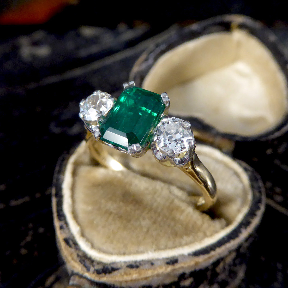 Edwardian Emerald and Diamond Trilogy Three Stone Ring in 18ct Yellow Gold and Platinum