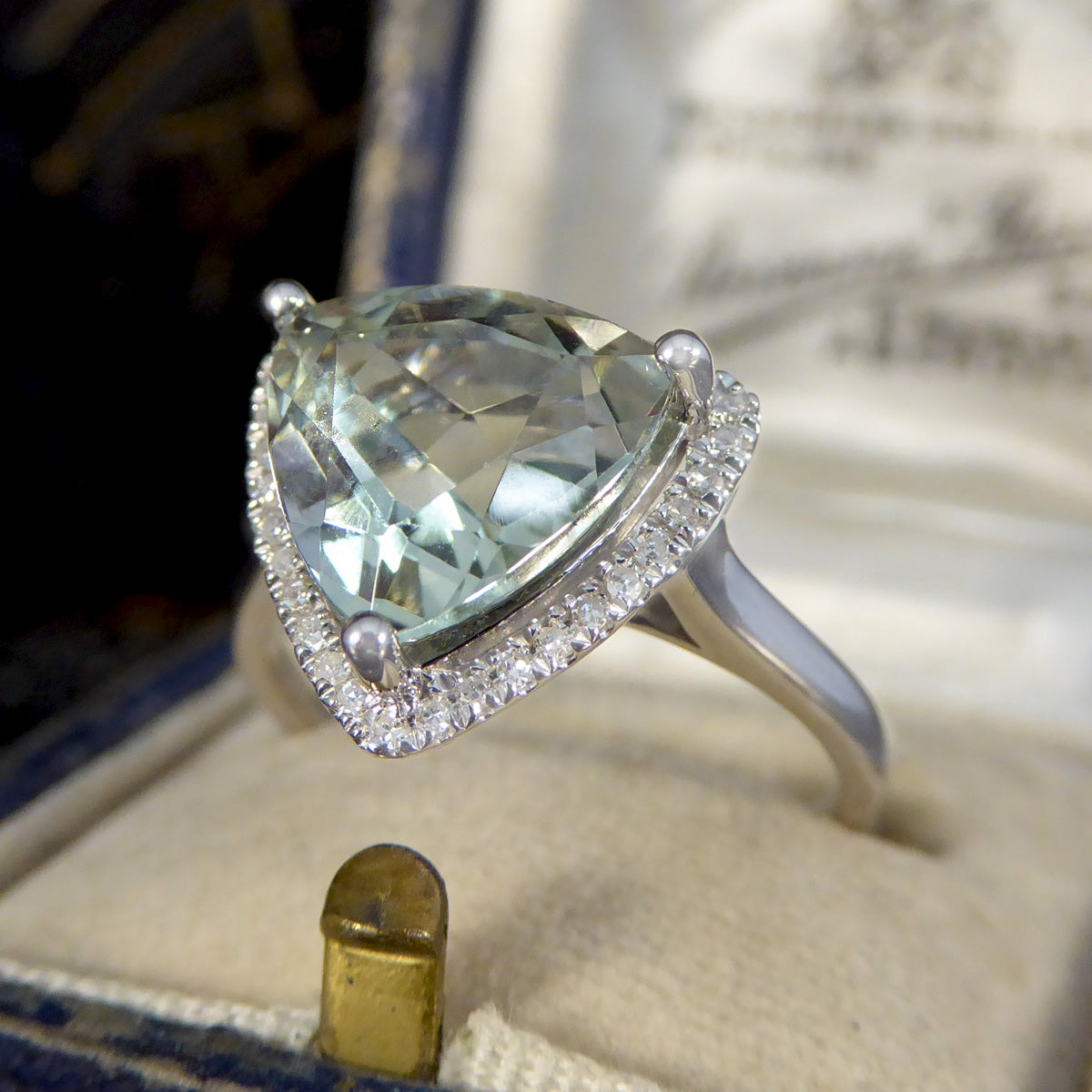Majestic Trillion Cut Green Amethyst and Diamond Halo Dress Ring in White Gold - Wharfedale Antiques