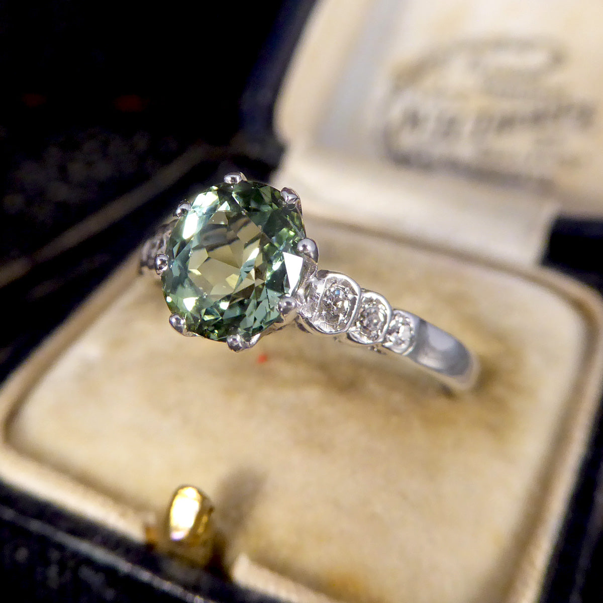 Enchanting Green Tourmaline Ring with Diamond Shoulders in 18ct White Gold - Wharfedale Antiques