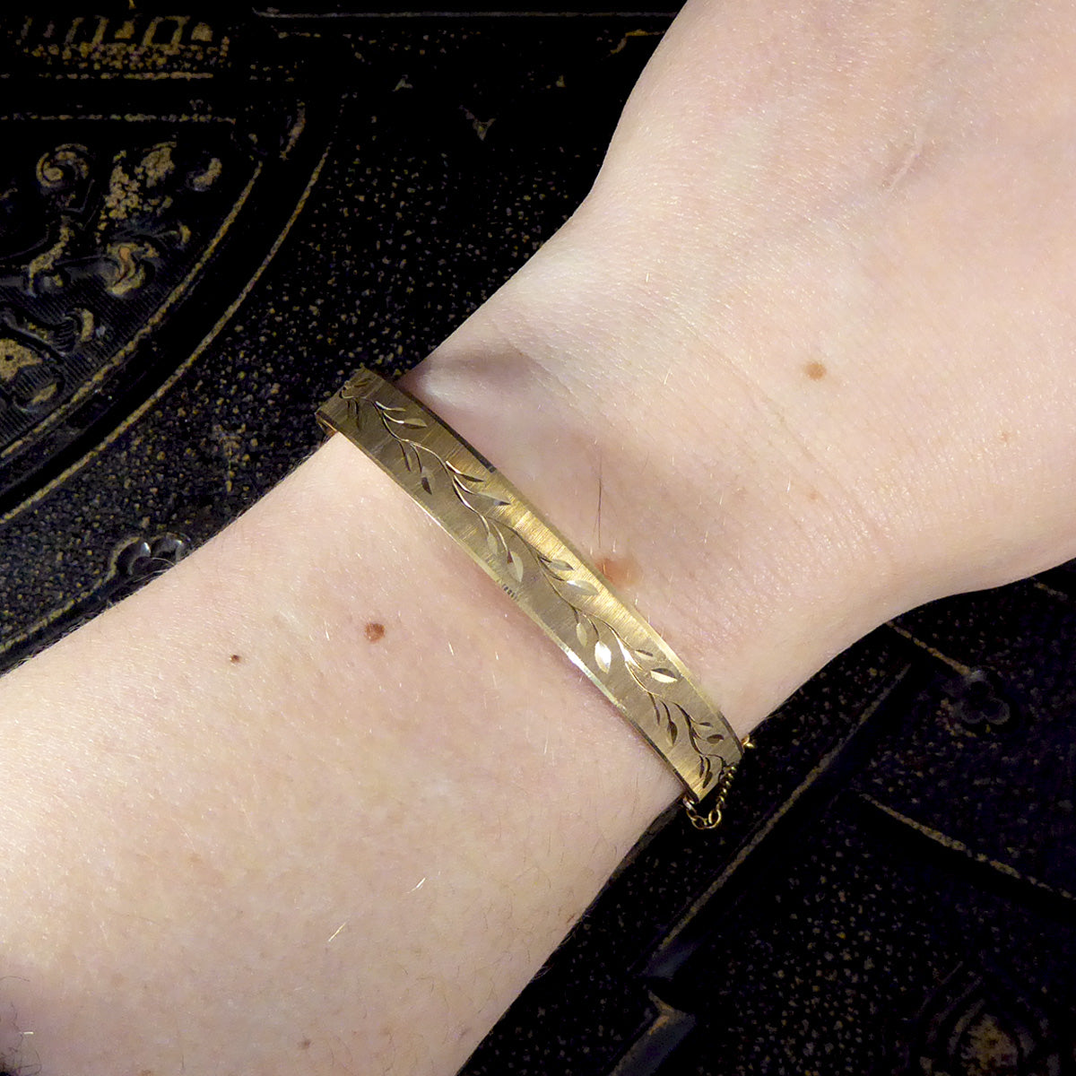Vintage Yellow Gold Matt Brush Leaf Detailed Bangle C1977 - Wharfedale Antiques