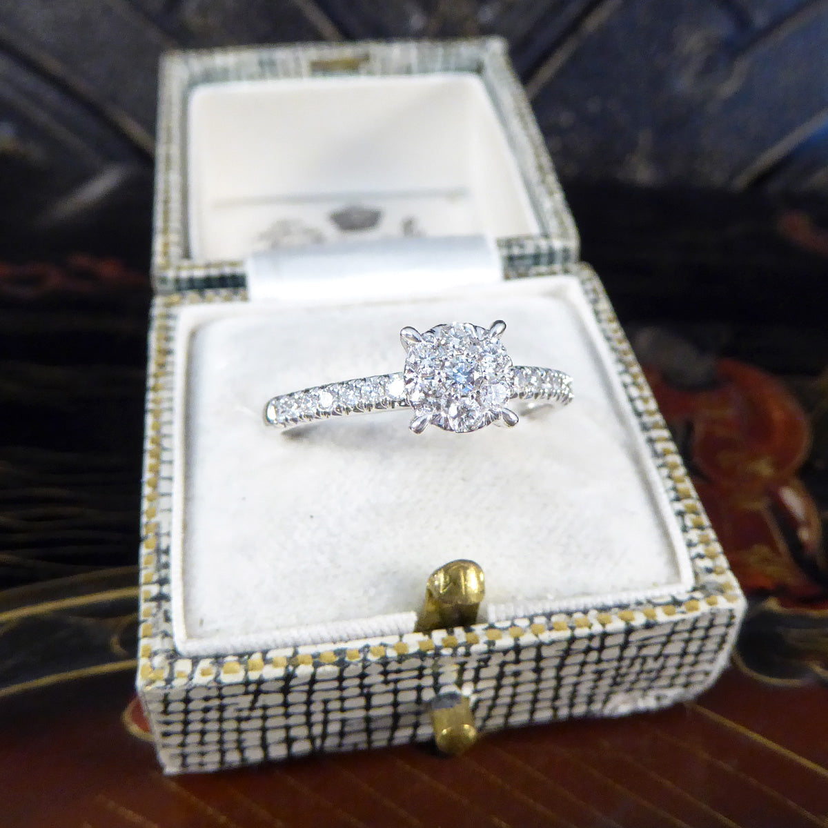 Solitaire Illusion set Diamond Cluster Ring in White Gold with Diamond Shoulders - Wharfedale Antiques