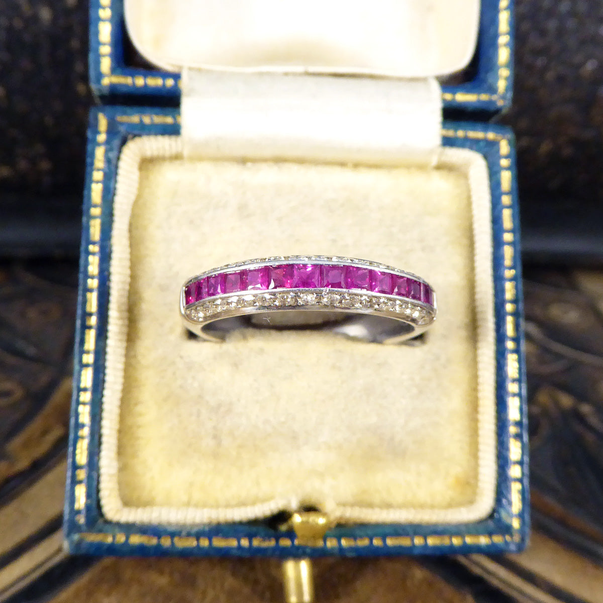 Ruby and Diamond Half Eternity Domed Ring in 18ct White Gold - Wharfedale Antiques