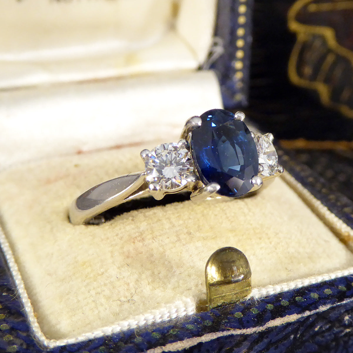 Oval Cut 1.75ct Sapphire and Diamond Three Stone Ring in Platinum - Wharfedale Antiques
