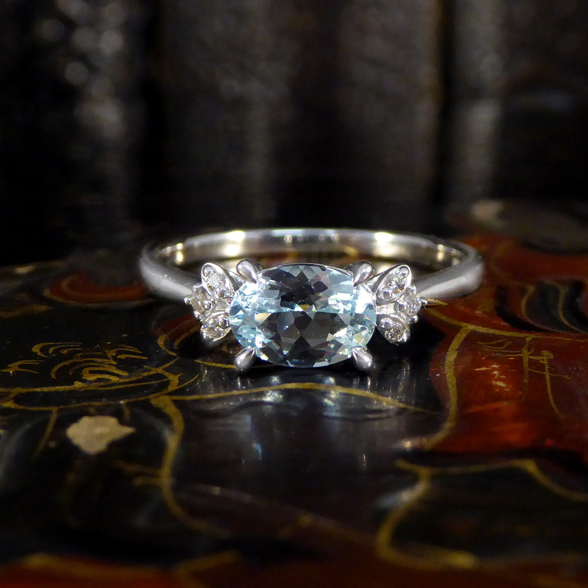 Dainty Aquamarine Ring with Diamond Set Shoulders in White Gold - Wharfedale Antiques