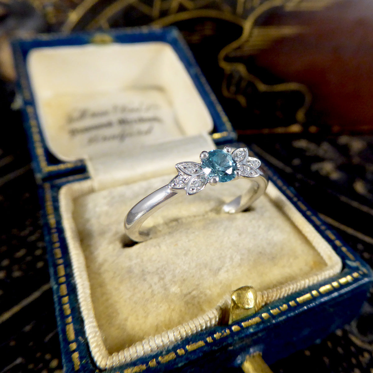 Blue Zircon and Diamond set Butterfly Ring in Platinum