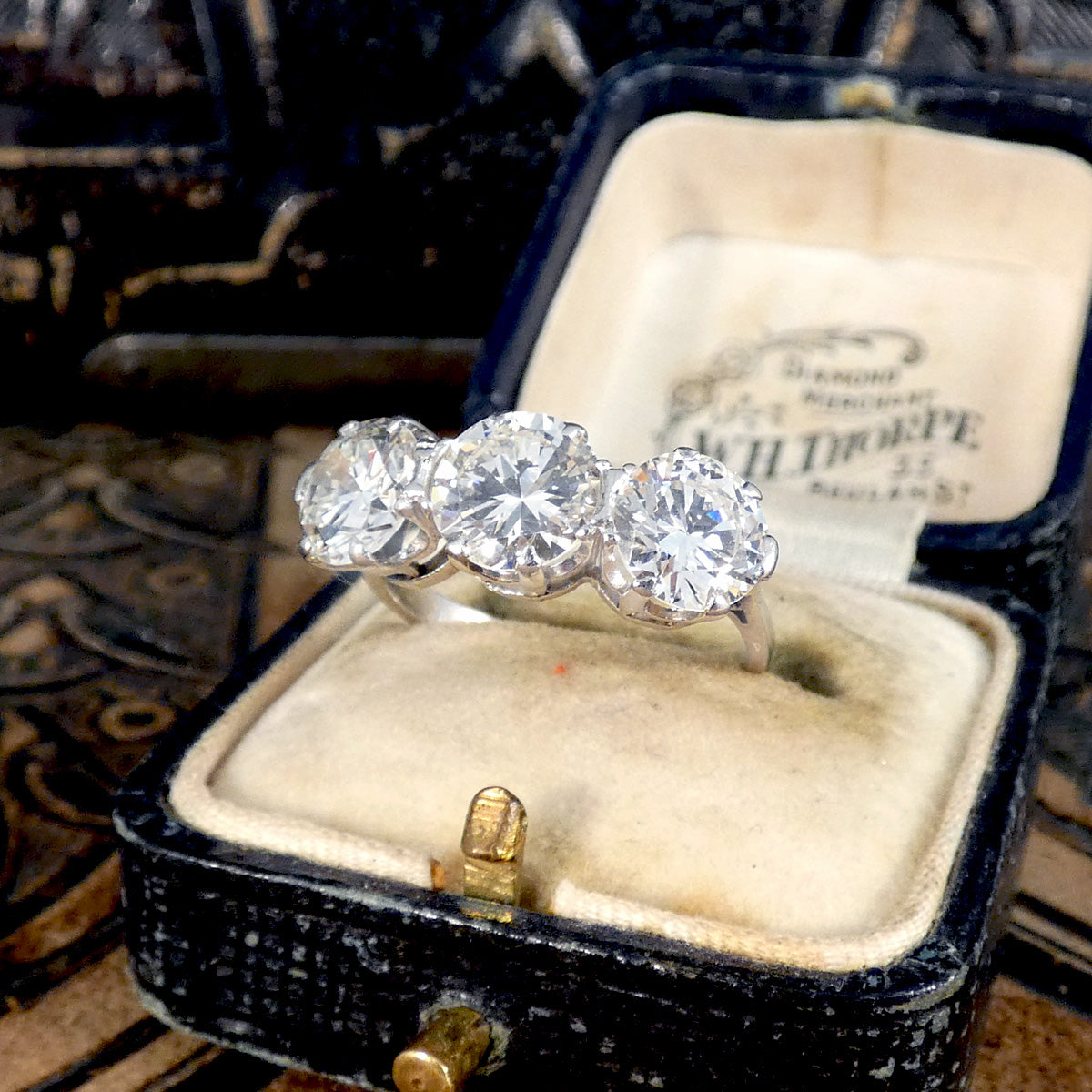 Art Deco Early Brilliant Cut Diamond Three Stone Ring in Platinum - Wharfedale Antiques