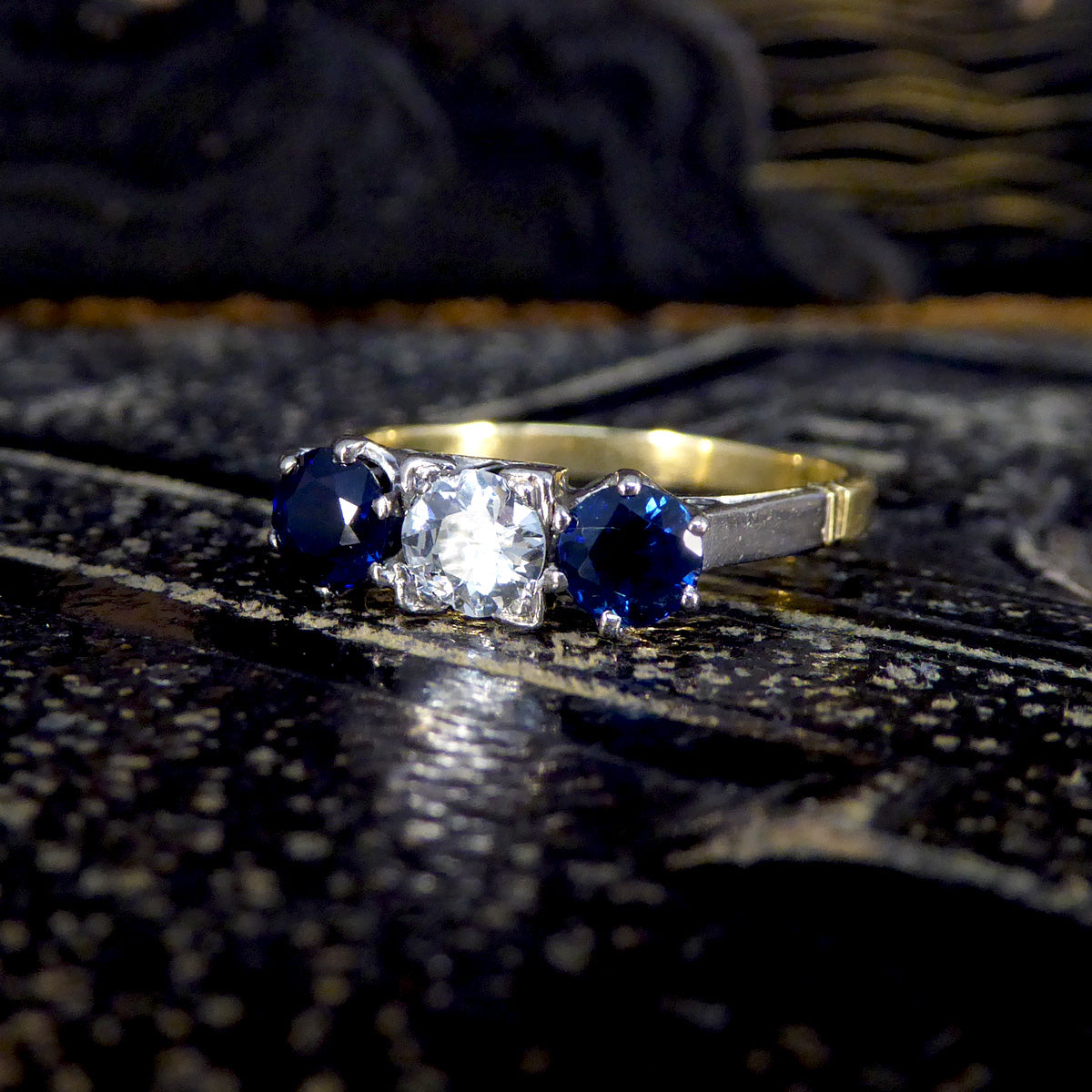 Vintage Sapphire and Diamond Three Stone Ring in 18ct Yellow Gold - Wharfedale Antiques