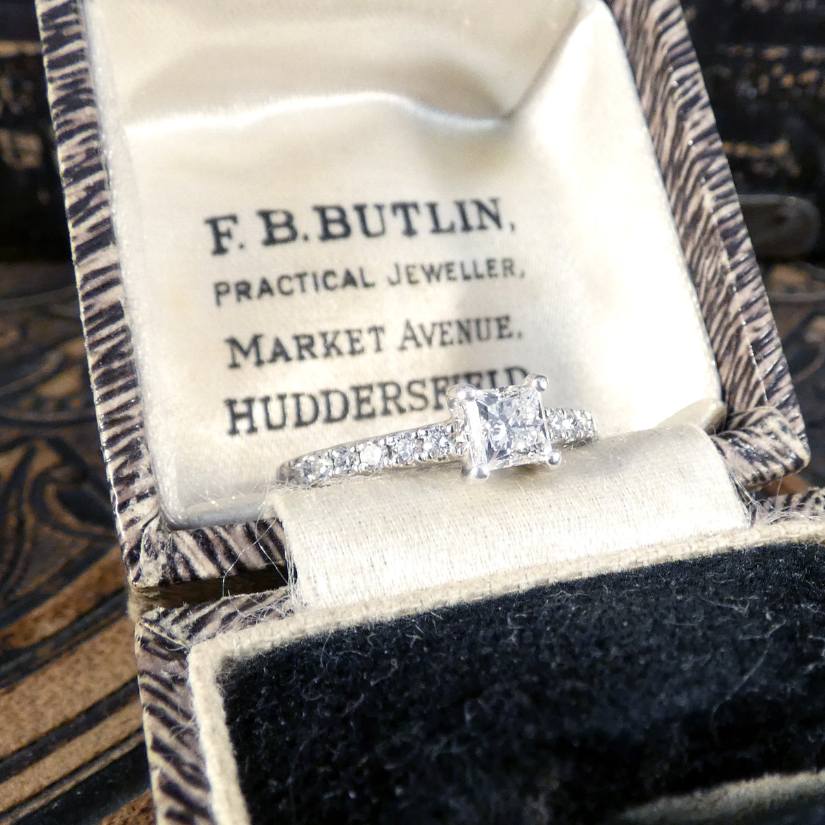 Princess Cut Diamond Solitaire Engagement Ring with Diamond Set Shoulders in Platinum - Wharfedale Antiques