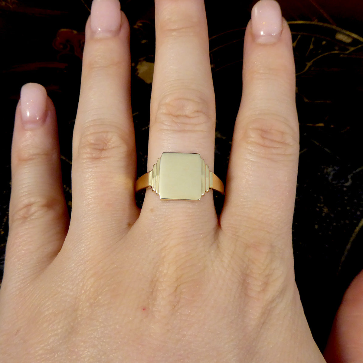 Large Vintage Rectangular Faced Signet Ring in 9ct Yellow Gold C1961 - Wharfedale Antiques