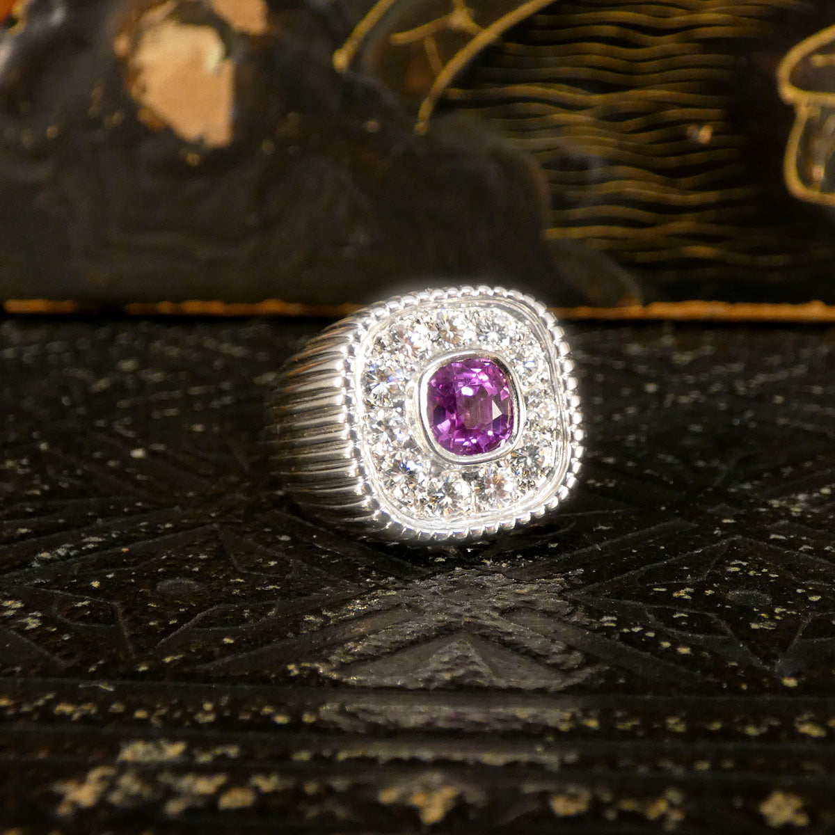 Chunky French Signet Ring with a Pink Sapphire and Diamond Cluster in Platinum - Wharfedale Antiques