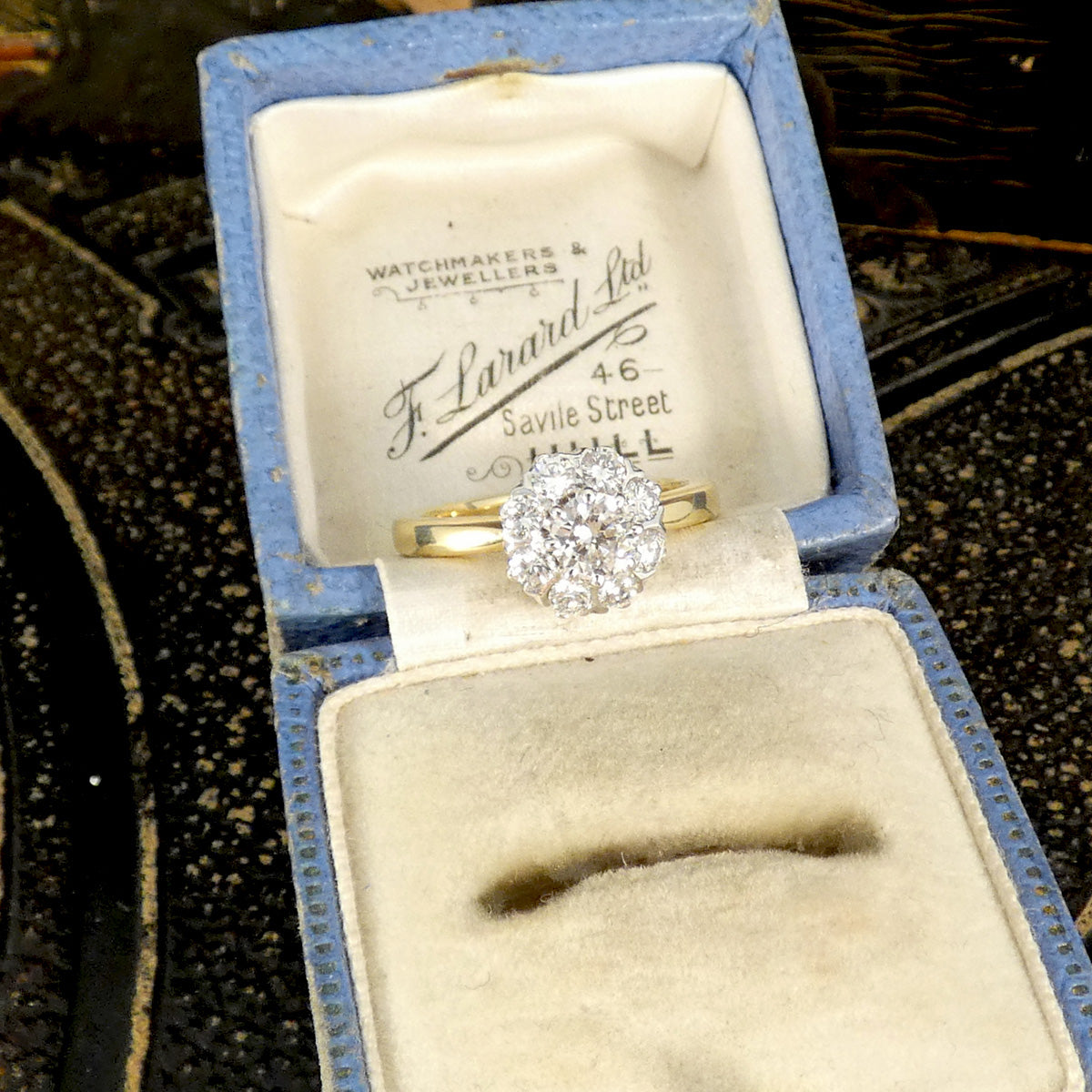 Bright and sparkly vintage early brilliant cut diamond cluster ring in 18ct White Gold with a 18ct Yellow Gold band with slightly tapered shoulders. Holding 0.90ct diamonds and the perfect gift or engagement ring idea for vintage lovers. Displayed in vintage box.