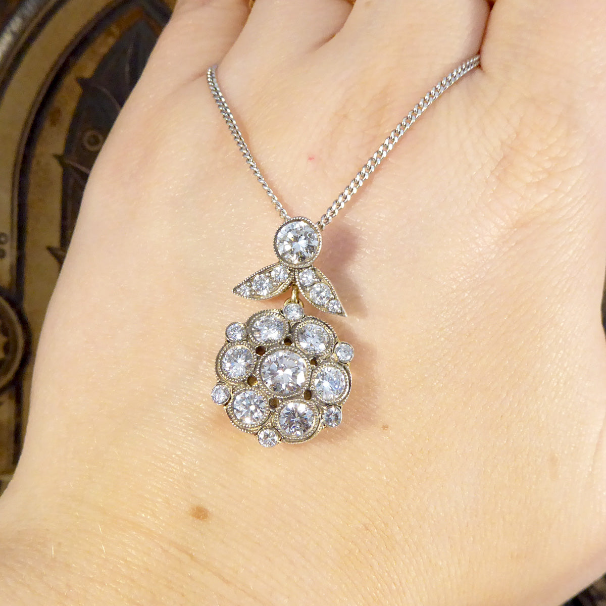 Antique Style 2.50ct Diamond Cluster Drop Pendant Necklace in Yellow Gold and Silver - Wharfedale Antiques