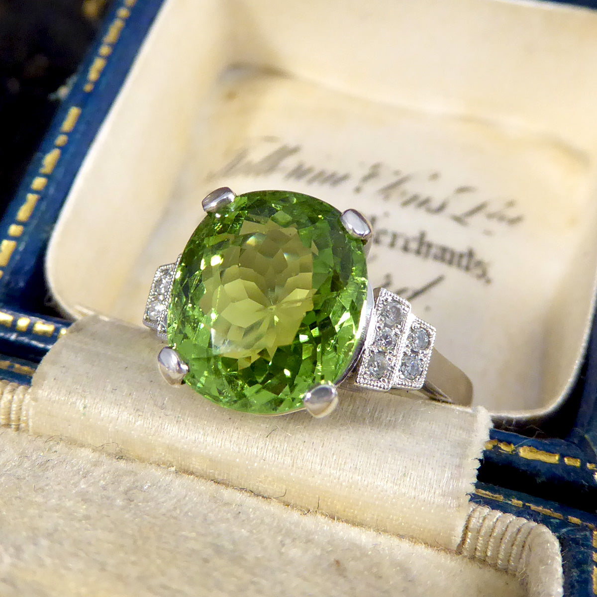 Green Tourmaline Ring with Diamond Staged Shoulders in Platinum - Wharfedale Antiques