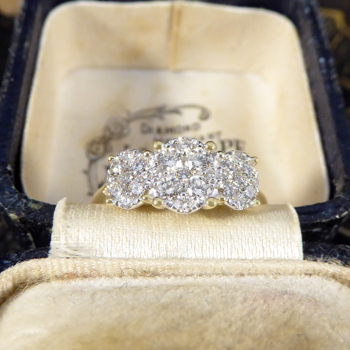 Oval Cut Diamond Three Stone Illusion Cluster Ring in Yellow Gold - Wharfedale Antiques