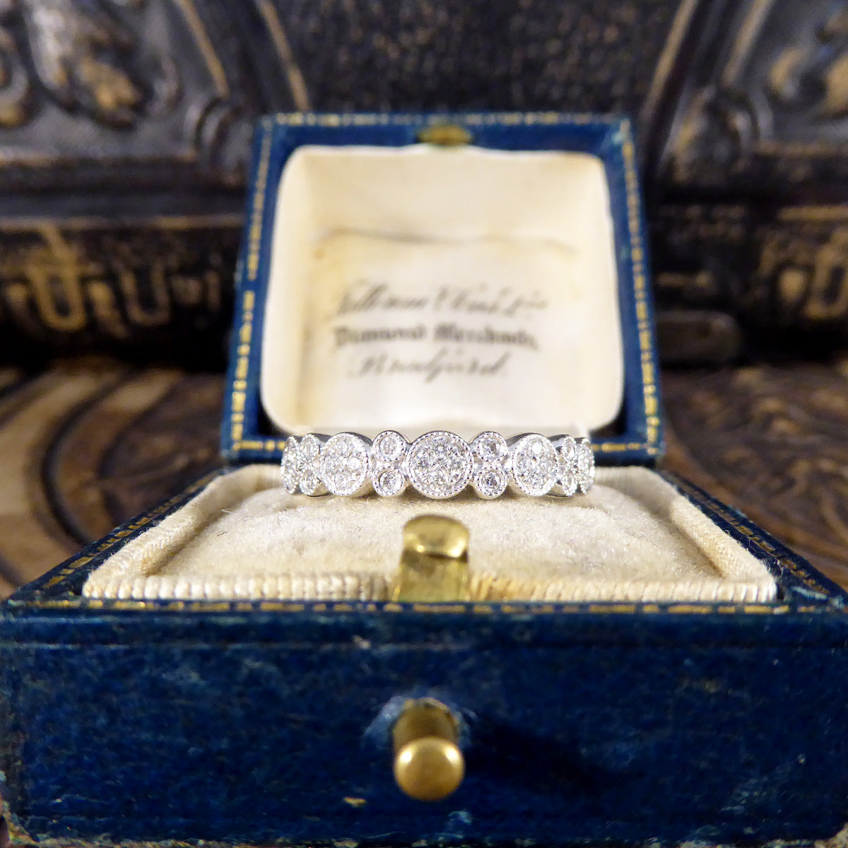 Diamond set Flat Cluster Half Eternity Ring in 18ct White Gold - Wharfedale Antiques