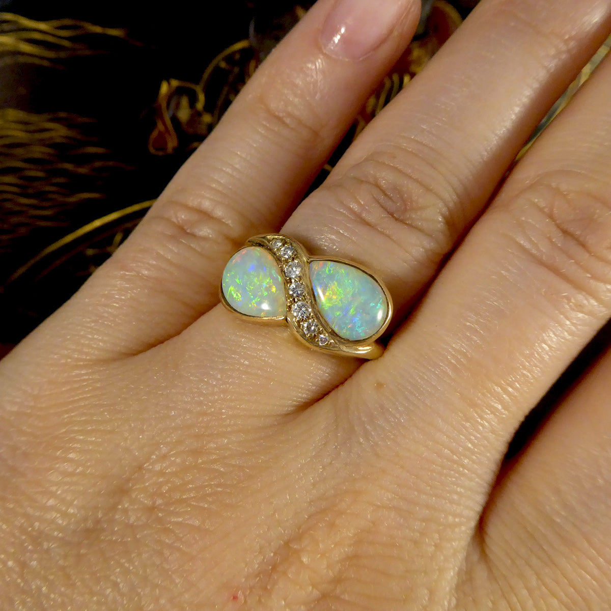 Vintage Pear Cut Opal and Diamond Toi Et Moi Style Ring in Yellow Gold - Wharfedale Antiques