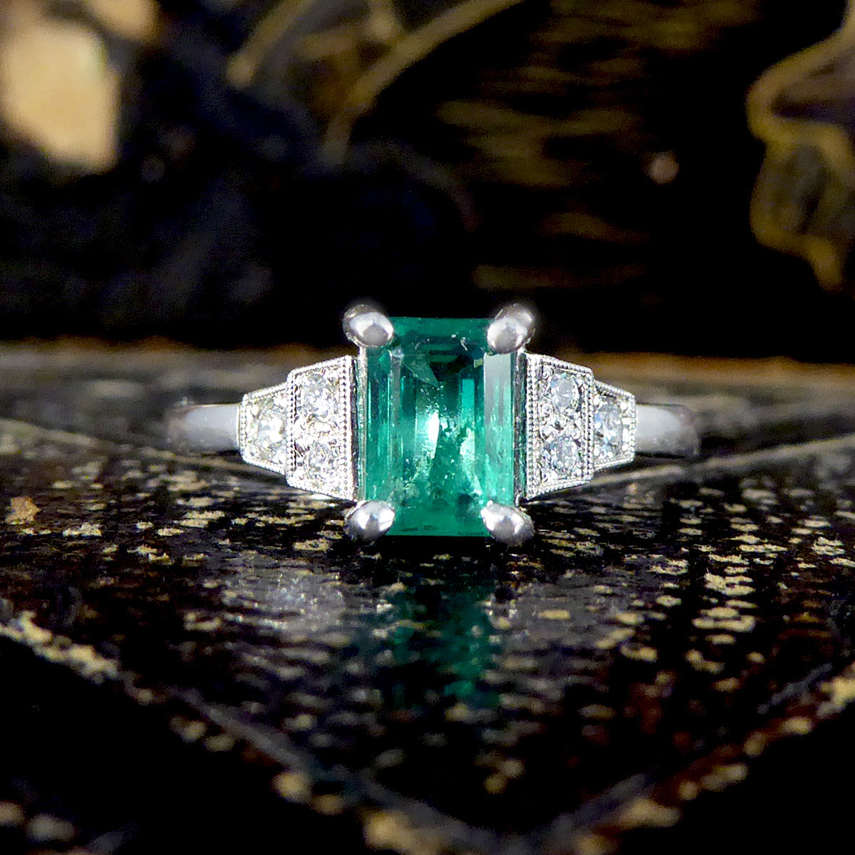 Art Deco Replica Emerald and Diamond Staged Shoulder Ring in Platinum - Wharfedale Antiques