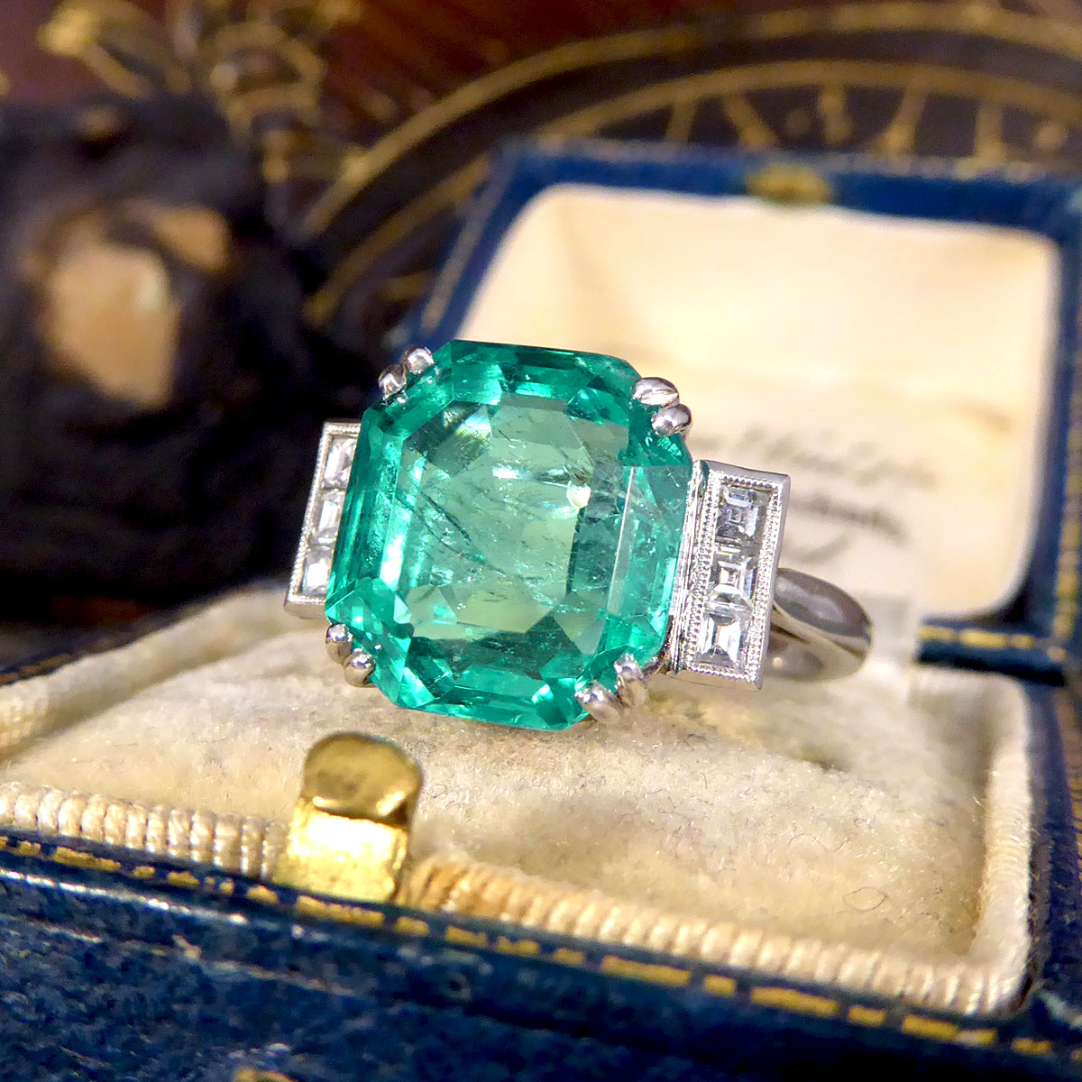 Bright 6.19ct Octagonal Cut Columbian Emerald and Diamond Ring in Platinum with Gem Cert - Wharfedale Antiques