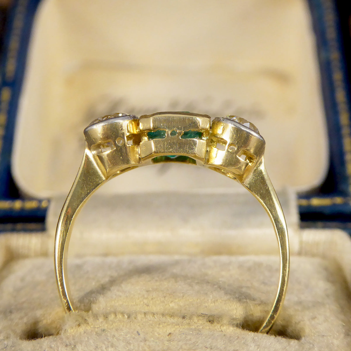 Emerald and Diamond Bezel Set Three Stone Ring in 18ct Yellow Gold and Platinum - Wharfedale Antiques