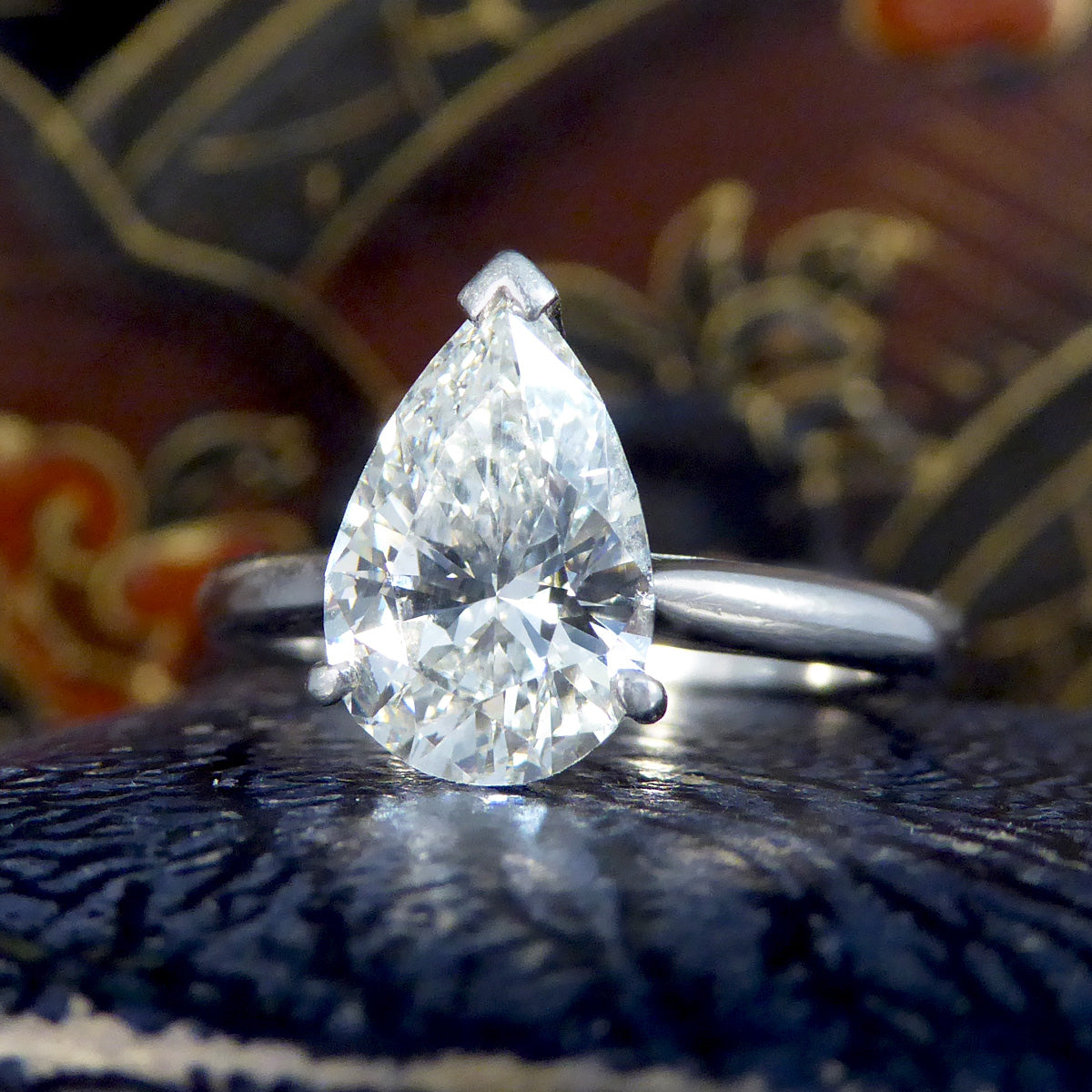 2.10ct Pear Shaped Brilliant Cut Diamond Solitaire Ring in Platinum - Wharfedale Antiques