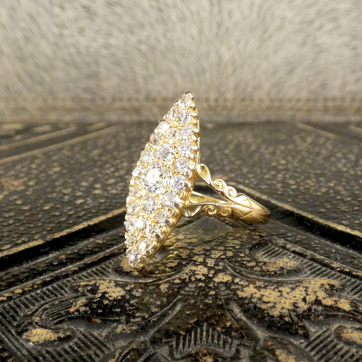 C1900 Antique Diamond Navette Marquise Cluster Ring in 18ct Yellow Gold - Wharfedale Antiques
